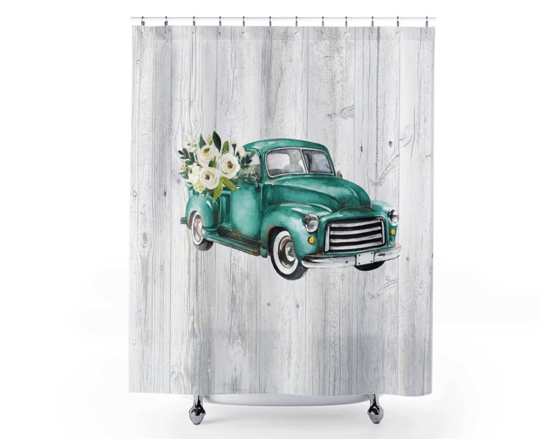 Shower Curtain Vintage Truck Bathroom Decor Teal Bathroom Etsy