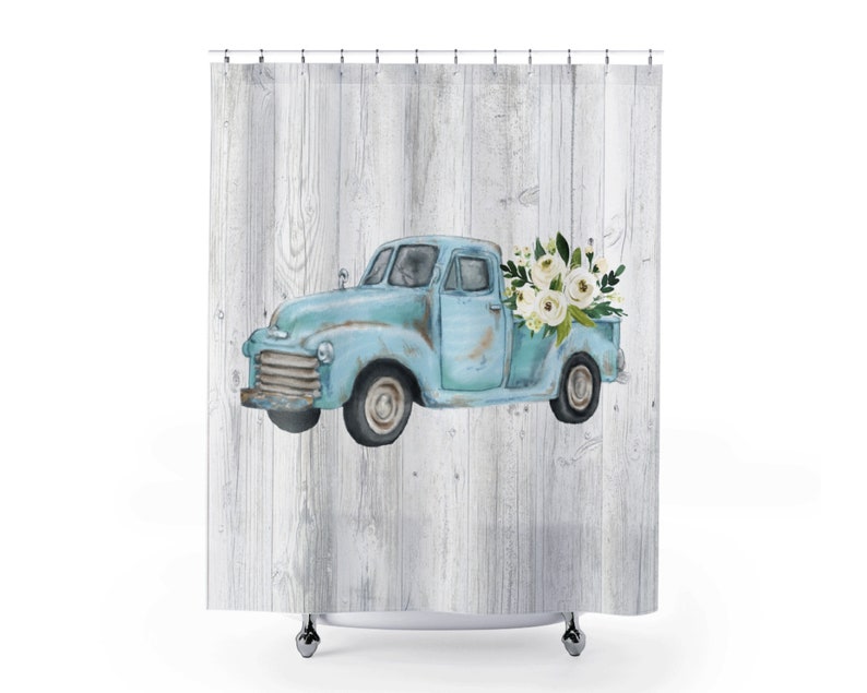 Vintage Truck Shower Curtain Rustic Farmhouse Blue