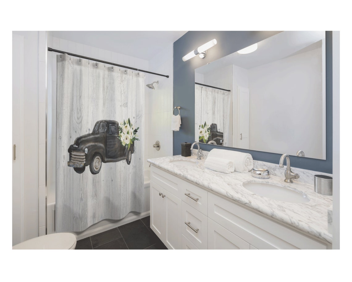 Farmhouse Shower Curtain Black Vintage Truck Bathroom Decor Etsy