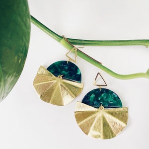 Kathleen- Gold and emerald green fan dangle statement earring Rooted in Color