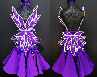 Purple Latin Dance Dress with Handmade Leaves Rhythm Dress L0051