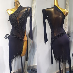 Black Fringe Latin Dress Rhythm Dress with High Slit L0164