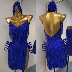 Sparkling Latin Dress Full of Stones Royal Blue Rhythm Dress Fringe Latin Dress L0047A