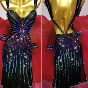 Black Mesh Latin Dress with Colorful Crystals Rhythm Dress L0075
