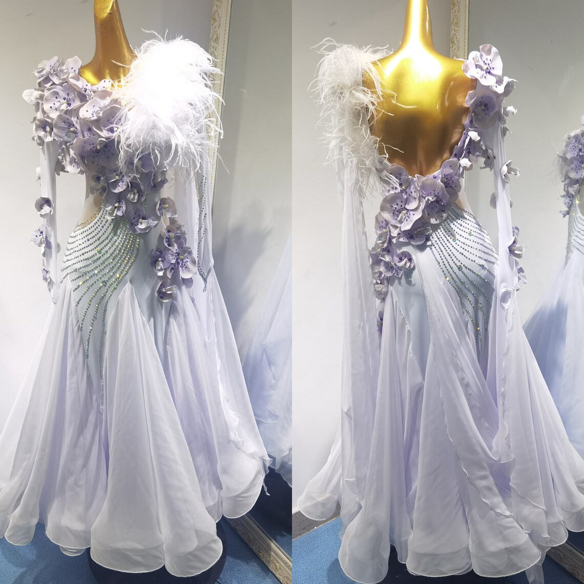 White Ballroom Dress with Blue Accents-Fine Romance