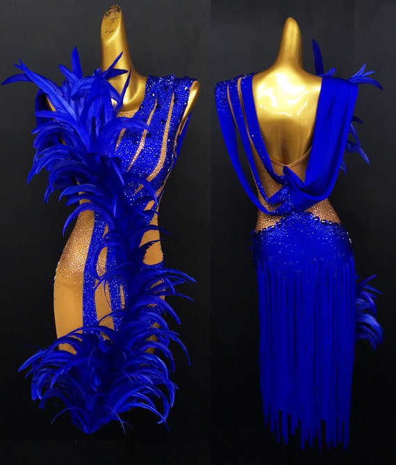 Blue Latin Dress with Feather and Fringe Rhythm Dress L0006