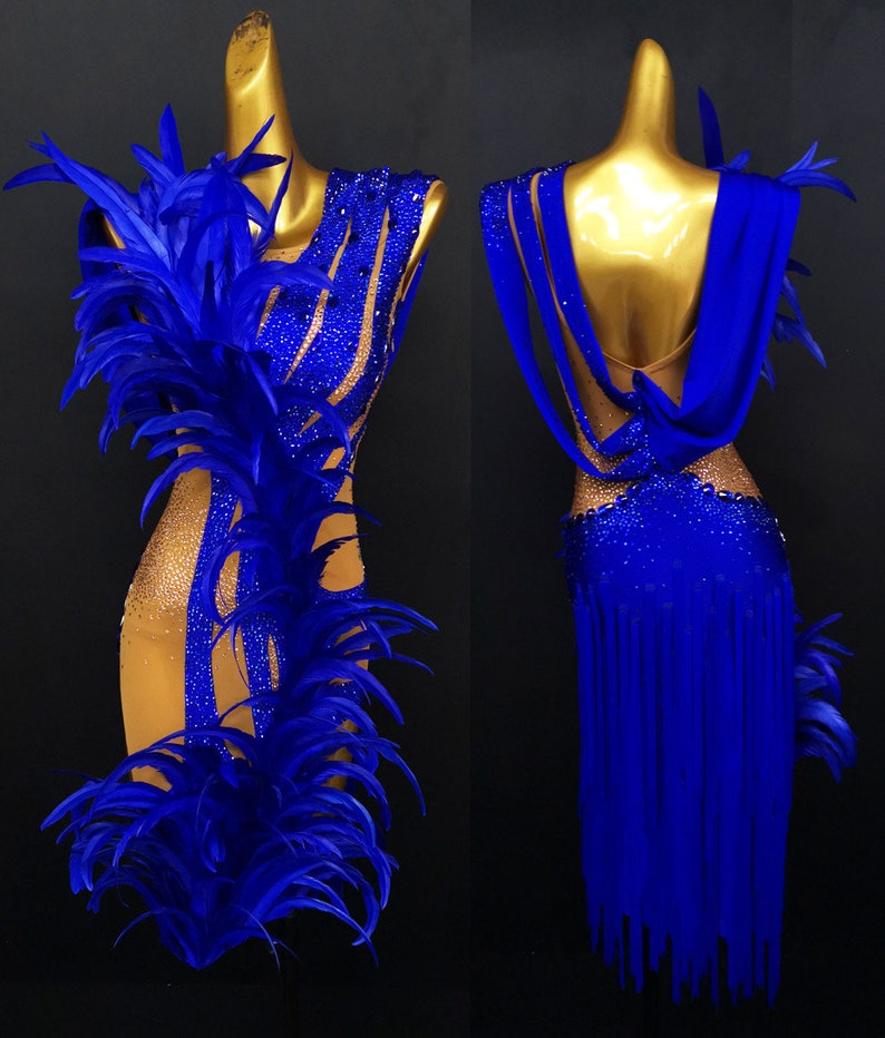 Blue Latin Dress With Feather and Fringe Rhythm Dress L0006 Etsy