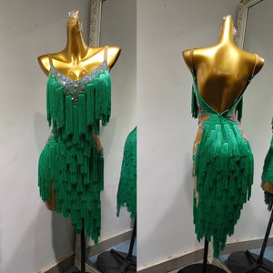 Green Fringe Latin Dance Dress Fringe Rhythm Dress L0009A1