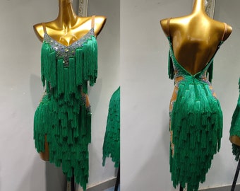 Green Fringe Latin Dance Dress Fringe Rhythm Dress L0009A1