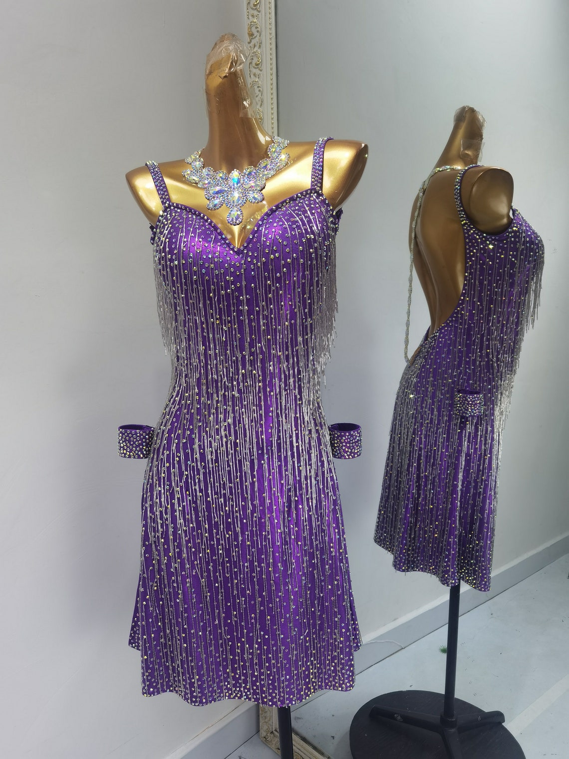 Purple Latin Dance Dress With Silver Fringe Rhythm Dance Dress Silver ...