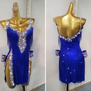 Blue Latin Dance Dress with Full of Stones and Beaded Fringe L0099A