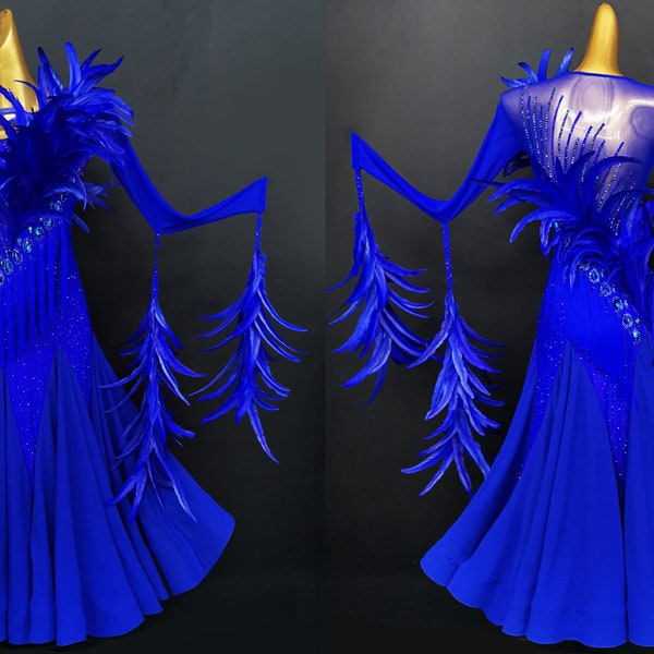 Blue Feather Fringe Ballroom Dance Dress Standard Dress Smooth Dress B0006