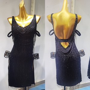 Black Fringe Latin Dress Rhythm Dress with Open Back L0160