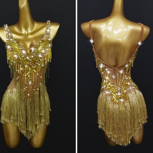 Gold Fringe Latin Dress Rhythm Dress Salsa Dress L0108