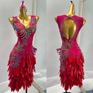 Cherry Red Latin Dress Rhythm Dress with Embroidery and Feathers L0055
