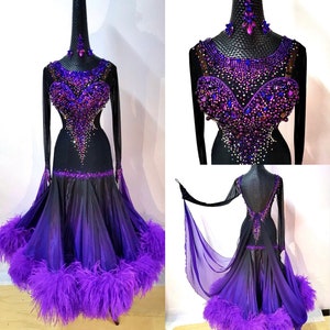 Gradient Purple and Black Ballroom Dance Dress With Stones Pearls and ...