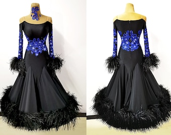 Black Ballroom Dress with Feathers Black Standard Dress Black Smooth Dress B0085