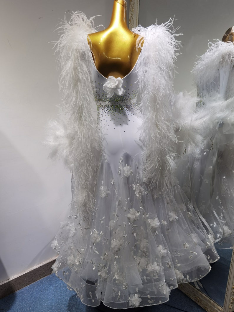 White Ballroom Dress With Feathers and Floral Skirt White Smooth Dress