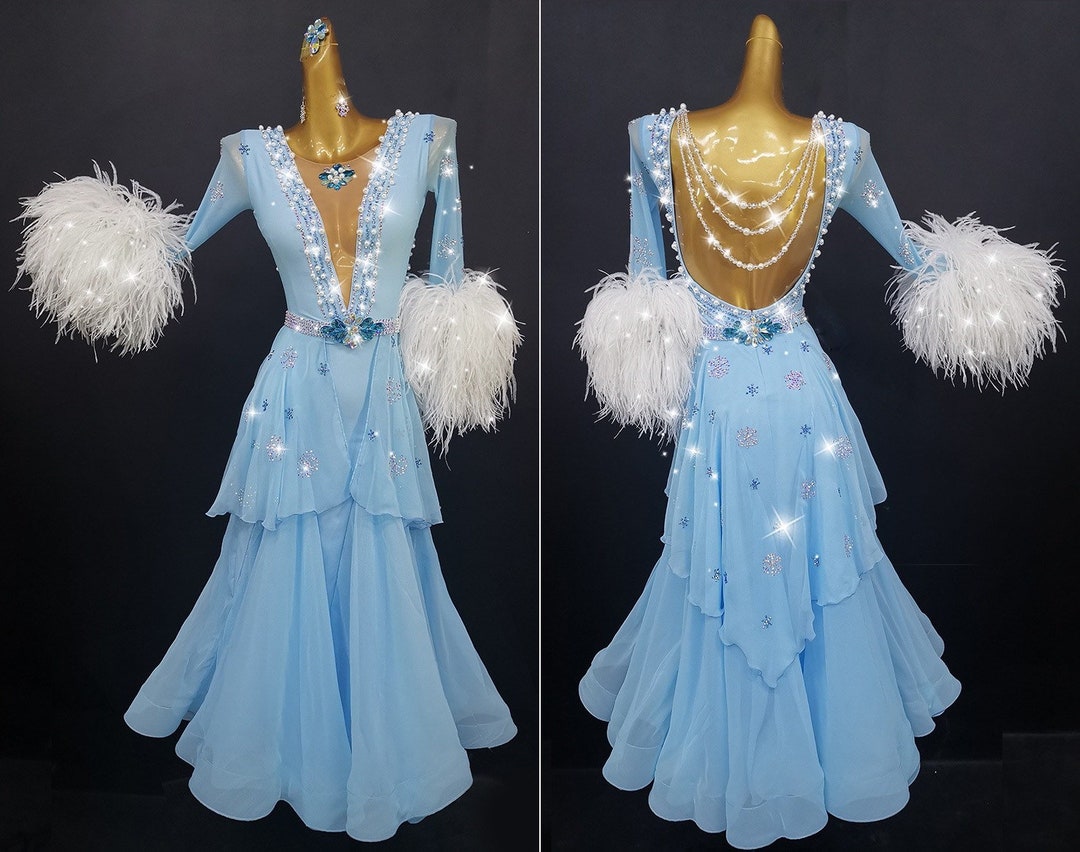 Light Blue Smooth Dance Dress Ballroom Dance Dress With Feather Pearls and  Crystals Standard Dress B0070