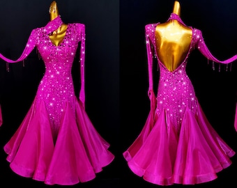 Hot Pink Ballroom Smooth Dress with Neck Strap Fuchsia Smooth Dress Standard Dress B0024