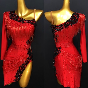 Red Latin Dance Dress with Beads and Black Lace Applique Red Rhythm Dress L0031