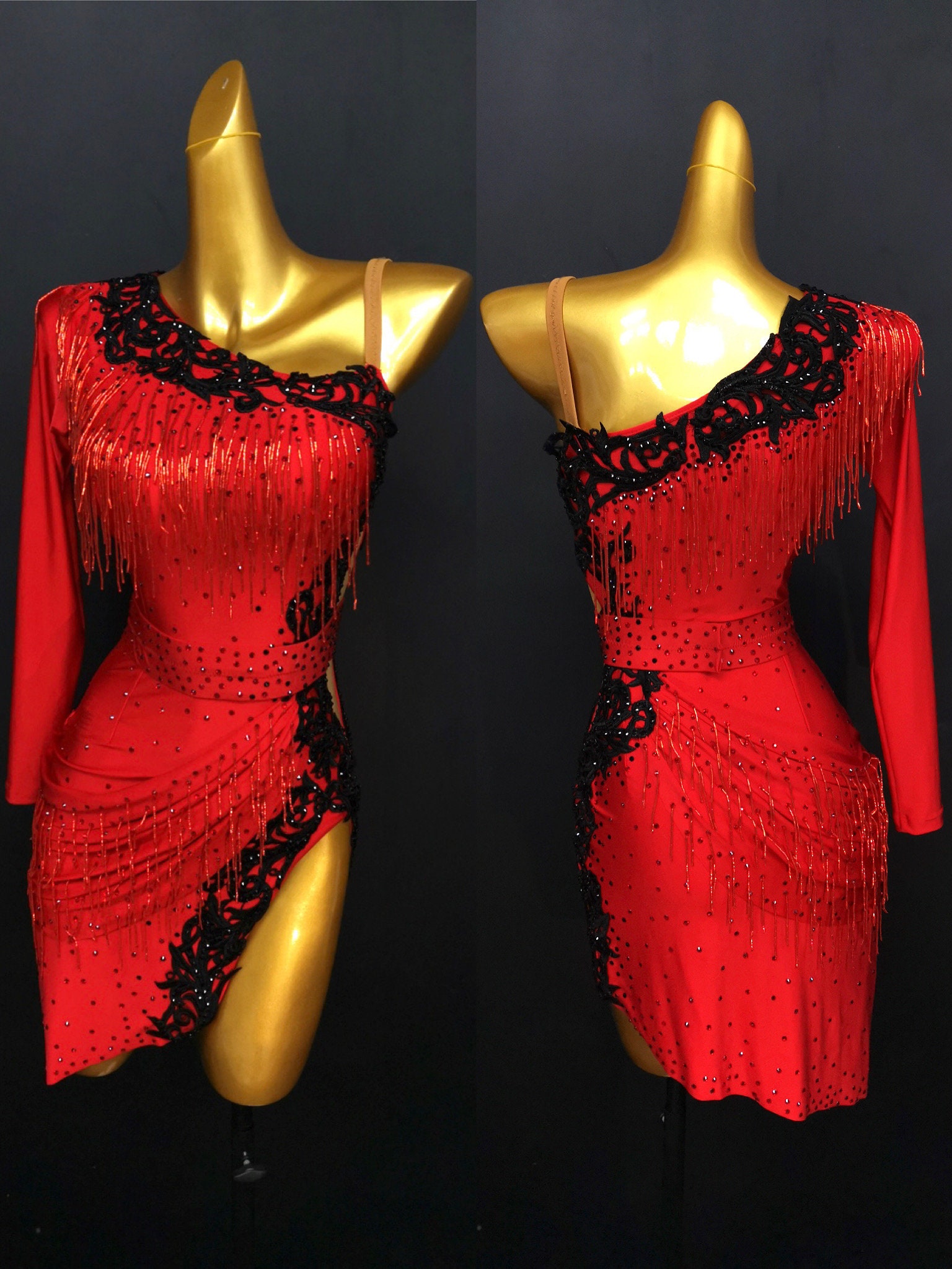 Red Latin Dance Dress With Beads and Black Lace Applique Red - Etsy UK