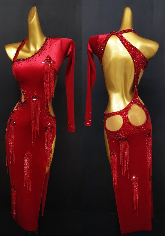 Argentine Tango Dress Sexy Red Latin Dance Dress with Beaded ...