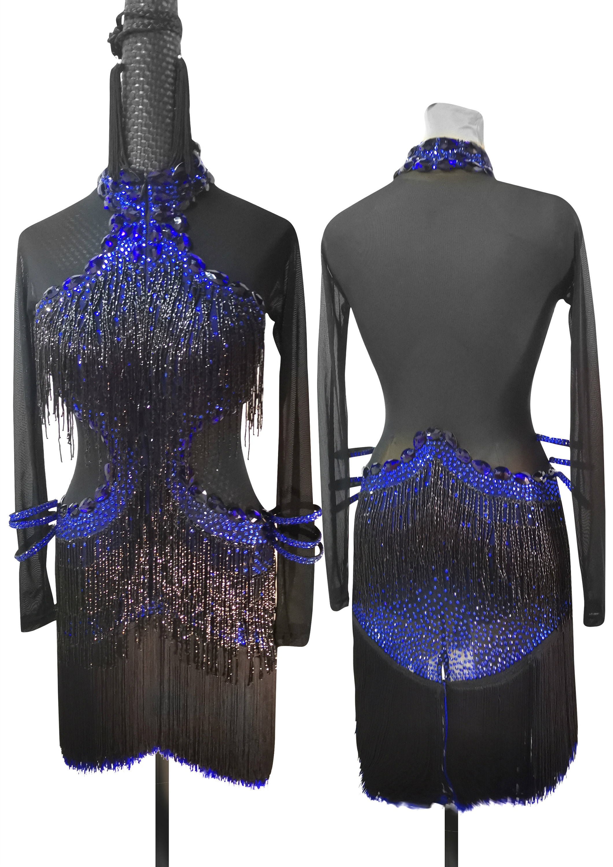 Black Latin Dance Dress with Blue stones and Black Beaded Fringe Rhythm Dress L0040