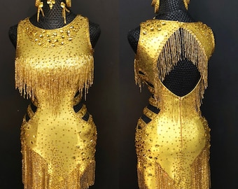 Gold Latin Dress with Beaded Fringe L0036