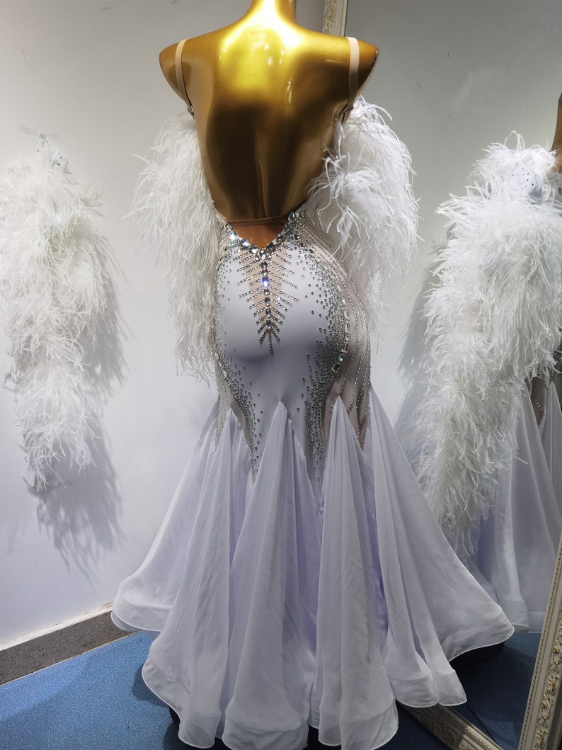 White Ballroom Dress With Feather and Crystals Hip Wrap Smooth Dress