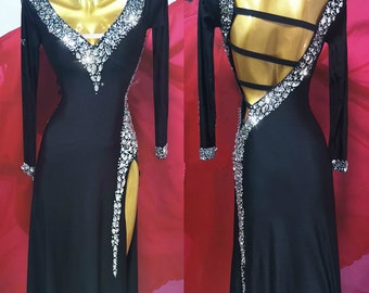 Black Latin Dress with Slit and Open Back L0017