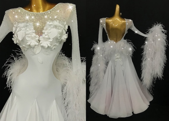 White Ballroom Dance Dress with Ostrich Feathers Standard Dress Smooth Dress B0077 White Ballroom Dance Dress with Ostrich Feathers Standard Dress Smooth Dress B0077