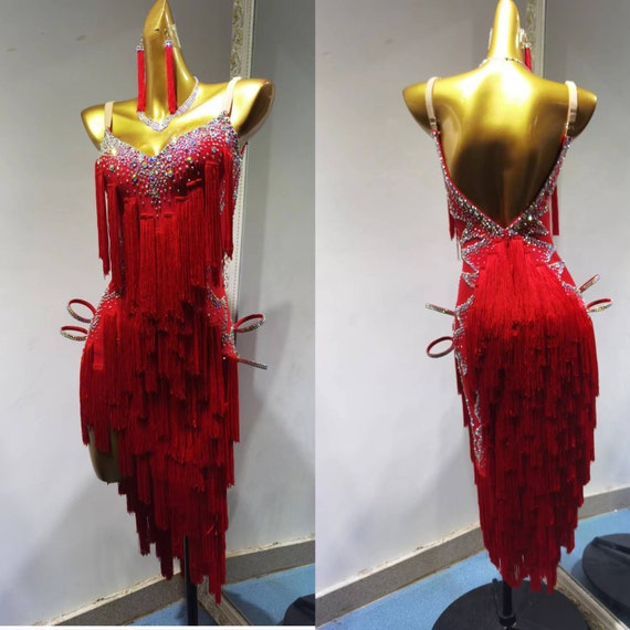 Red Fringe Latin Dance Dress Fringe Rhythm Dress L0009A2 