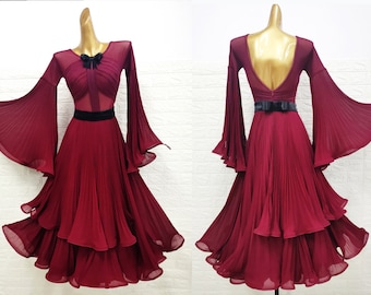 Pleated Burgundy Smooth Dress Ballroom Dress B0094