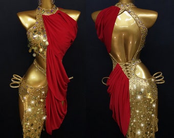 Red & Gold Latin Dance Dress with Penny Sequins Rhythm Dance Dress L0001