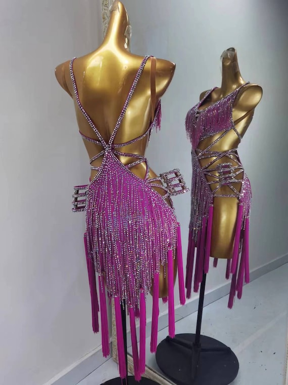 Pink Latin Dance Dress Fuchsia Rhythm Dress with Tassels and Open Back L0132