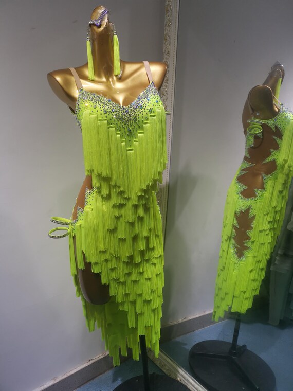 neon green fringe dress Latin Dance Fringe Rhythm Dress L0009D ready silhouette with bouncy