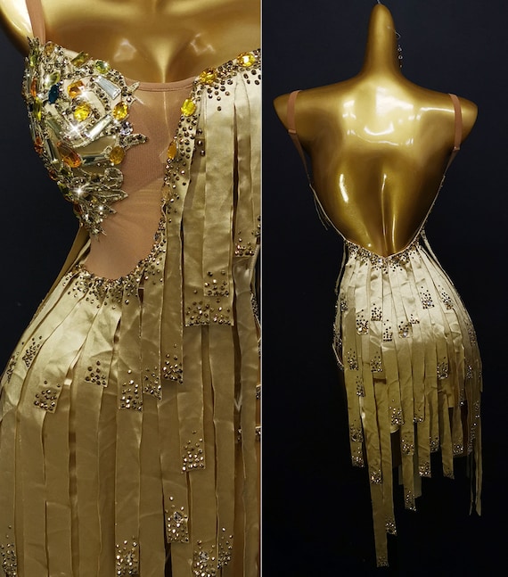 Gold Tassels with Appliques Beads Latin Rhythm Competition Dance Dress