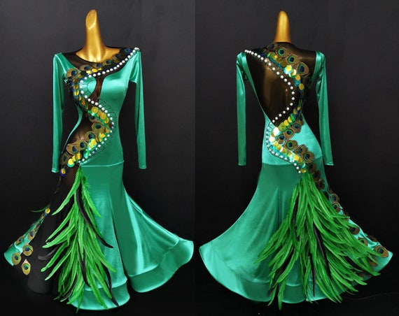 Green Peacock Feather Pearl Ballroom Dance Dress B0008