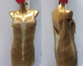 Vestido de baile latino con flecos de bronce y flecos de cuentas Vestido rítmico marrón L0137