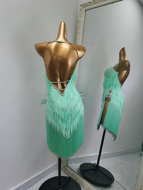 mint green fringe dress Mint Green Sequin Mermaid Prom Dress One Shoulder 3D Floral Crystal Fringe High Slit Evening Gown with Sweep Train
