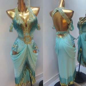 Light Blue Latin Dress Rhythm Dress with Belt and Open Back L0127
