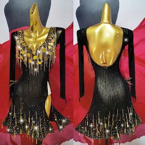 Black Gold Latin Dress with Crystals Rhythm Dress L0118