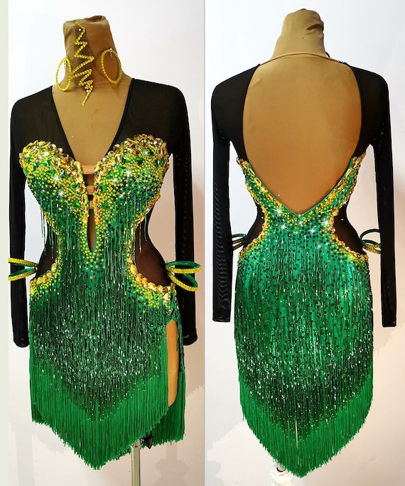 green emerald velvet dress danceandsway Customisable-Women's Green Tassel Dance Wear Dance Dress Performance Wear Green main image 0