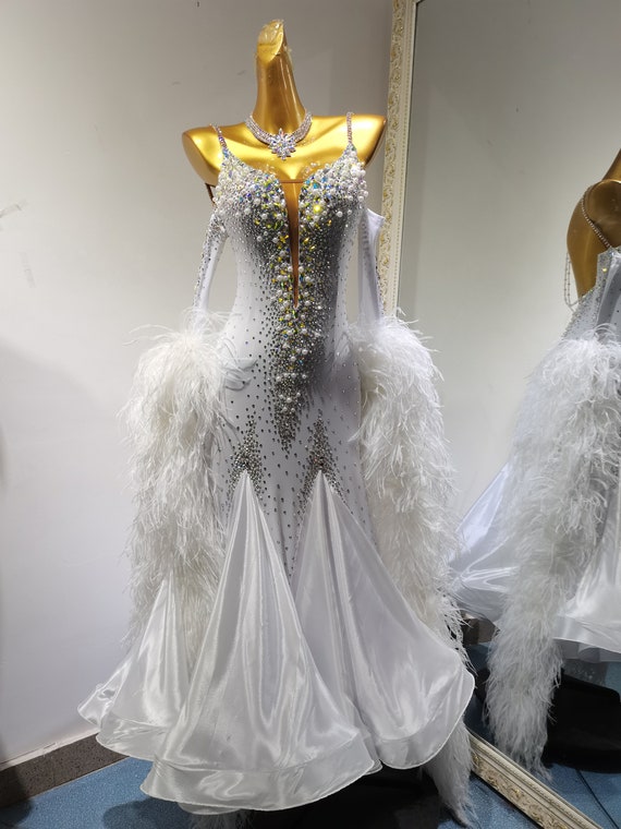 White Ballroom Dress Ostrich Feather and Pearls White Smooth Dress