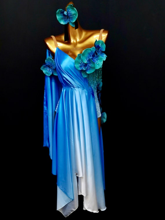 Ombre Blue and White Floral Latin Dress Rhythm Dress L0122