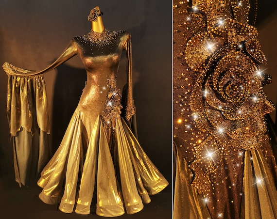 Shiny Golden Ballroom Dance Dress Smooth Dress B0007 - Etsy Shiny Golden Ballroom Dance Dress Smooth Dress B0007 - Etsy