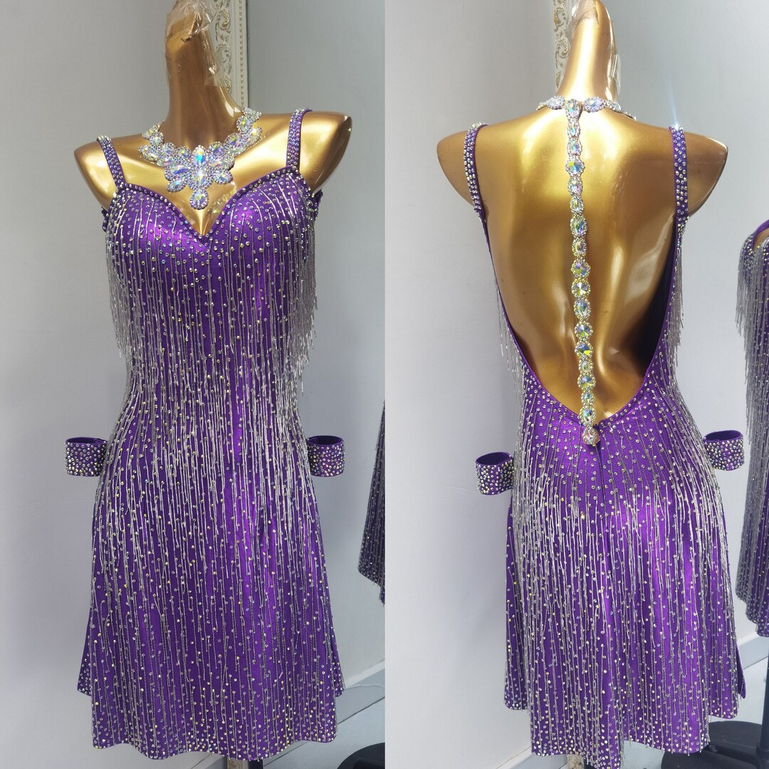 Purple Latin Dance Dress With Silver Fringe Rhythm Dance Dress Silver ...