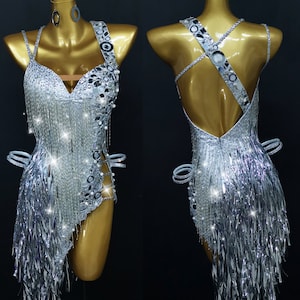 Glänzendes Silber Latein Tanzkleid Rhythmus Kleid L0010