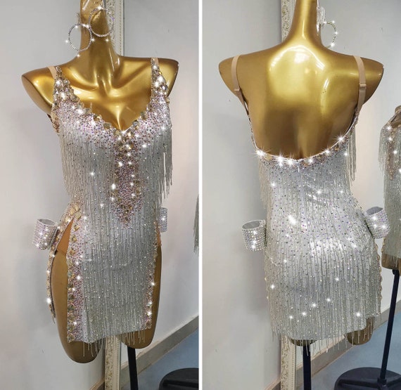 Silver Latin Dance Dress With Full of Stones and Beaded Fringe